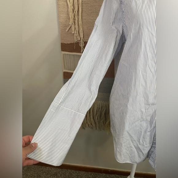 Lewit Blue Striped Poplin Button Down Exaggerated Cuff Boyfriend Shirt M - Picture 5 of 13